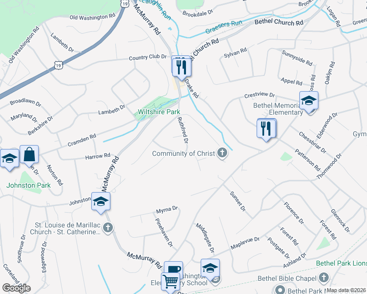 map of restaurants, bars, coffee shops, grocery stores, and more near 54 Ruthfred Drive in Pittsburgh