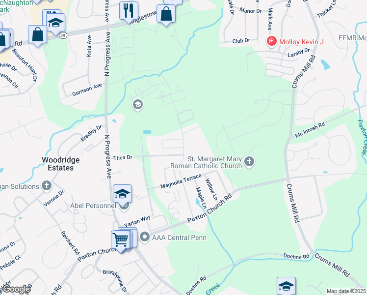 map of restaurants, bars, coffee shops, grocery stores, and more near 3800 Birchwood Circle in Harrisburg