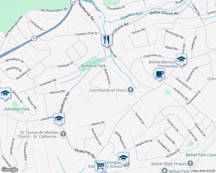 map of restaurants, bars, coffee shops, grocery stores, and more near 54 Ruthfred Drive in Pittsburgh