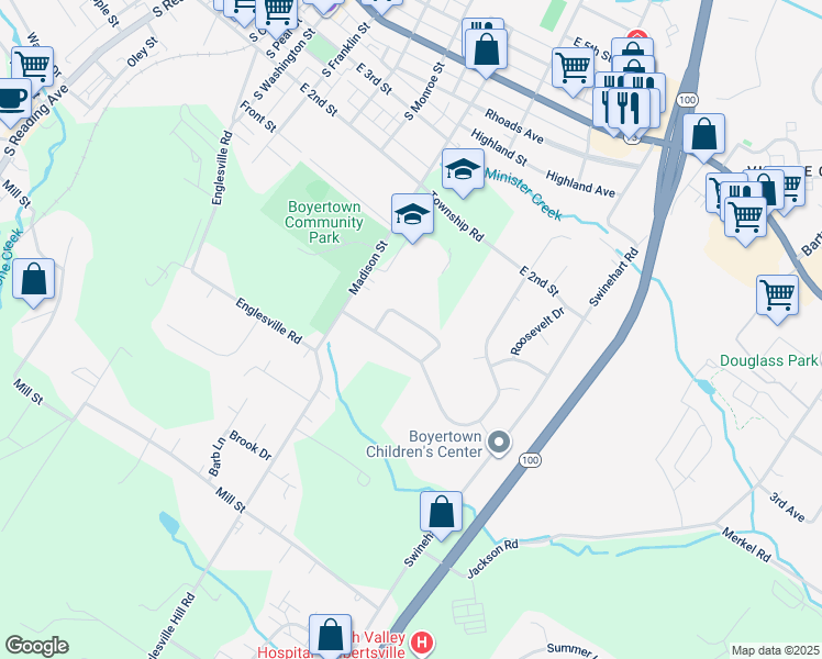 map of restaurants, bars, coffee shops, grocery stores, and more near 100 Eisenhower Drive in Boyertown