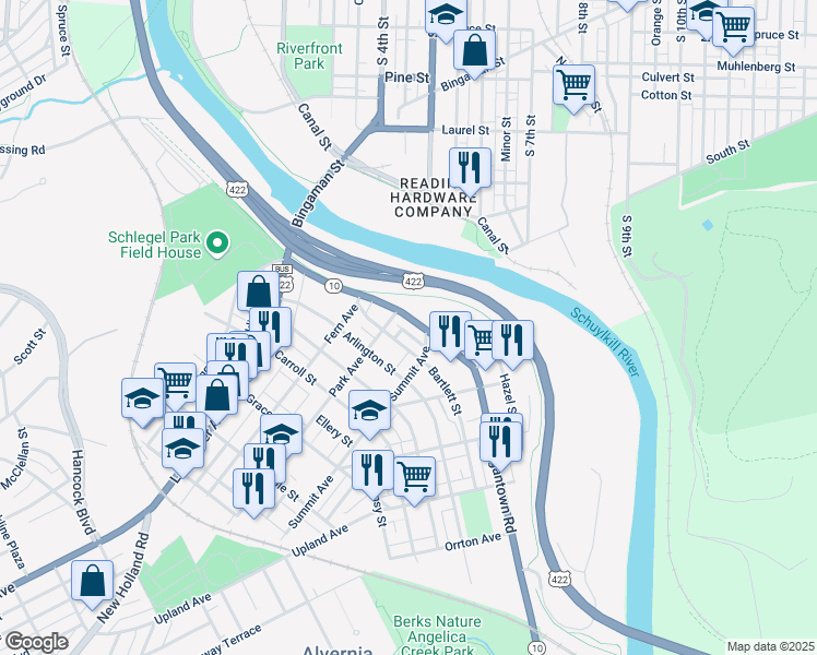 map of restaurants, bars, coffee shops, grocery stores, and more near 228 Morgantown Road in Reading