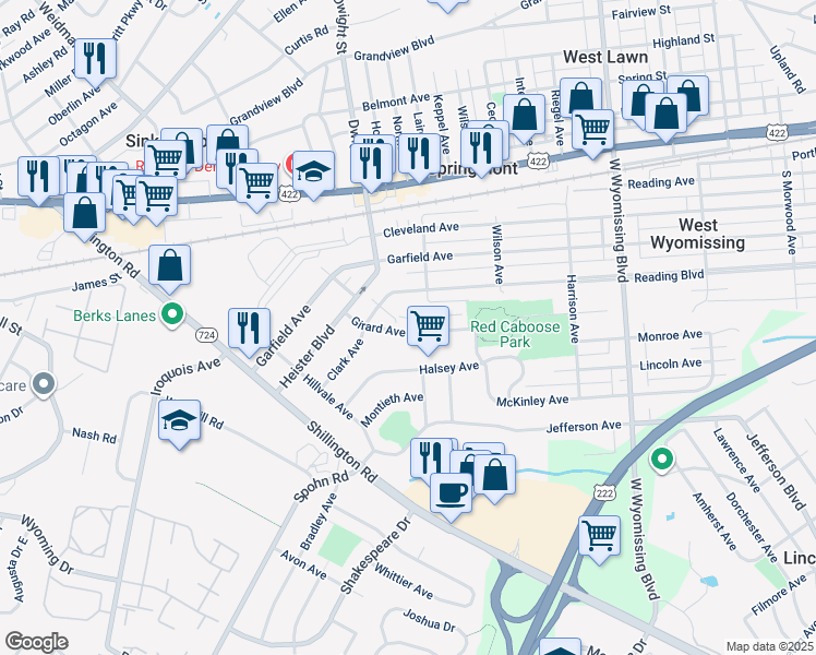 map of restaurants, bars, coffee shops, grocery stores, and more near 2621 Girard Avenue in West Lawn