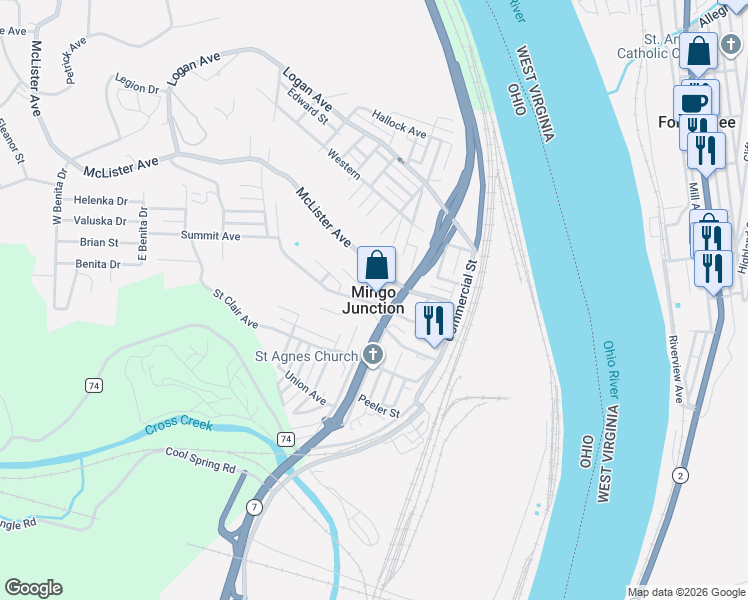 map of restaurants, bars, coffee shops, grocery stores, and more near in Mingo Junction