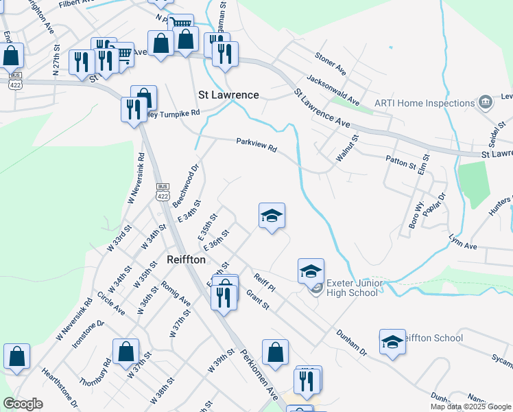map of restaurants, bars, coffee shops, grocery stores, and more near 210 East 37th Street in Reading