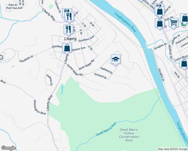 map of restaurants, bars, coffee shops, grocery stores, and more near 3202 Orchard Drive in McKeesport