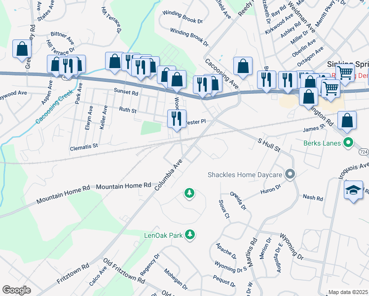 map of restaurants, bars, coffee shops, grocery stores, and more near 220 Woodrow Avenue in Sinking Spring