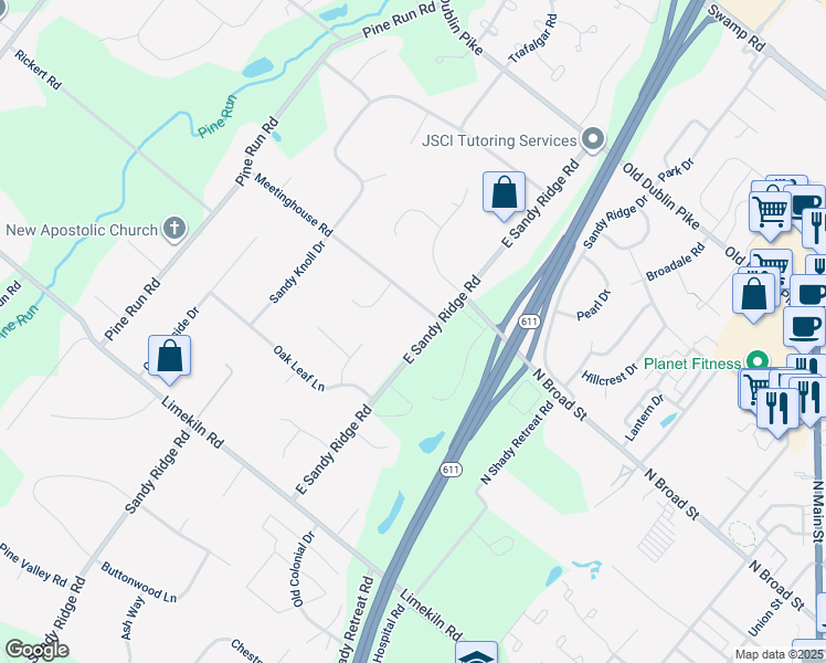 map of restaurants, bars, coffee shops, grocery stores, and more near 994 East Sandy Ridge Road in Doylestown