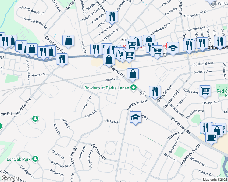map of restaurants, bars, coffee shops, grocery stores, and more near 612 James Street in Reading