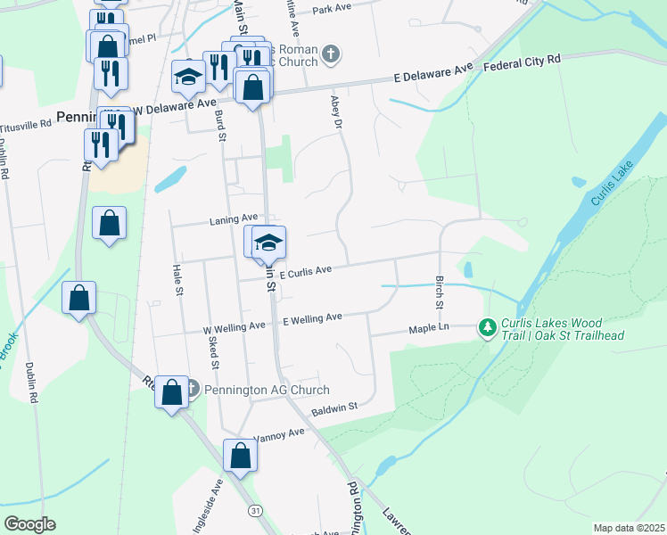 map of restaurants, bars, coffee shops, grocery stores, and more near Curlis Avenue in Pennington