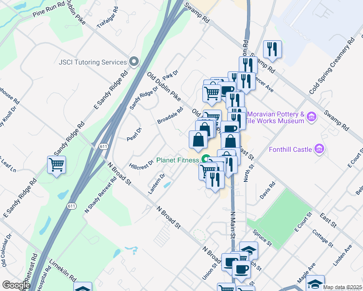 map of restaurants, bars, coffee shops, grocery stores, and more near 12 Kirkbride Lane in Doylestown