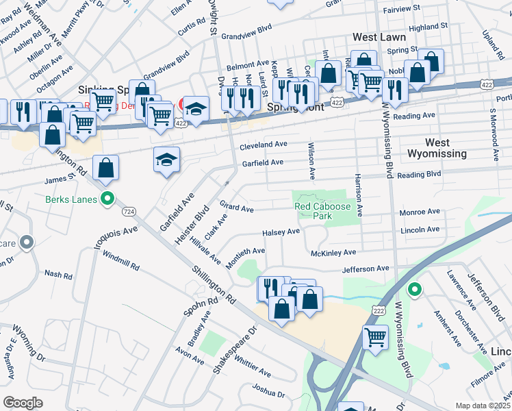 map of restaurants, bars, coffee shops, grocery stores, and more near 2621 Girard Avenue in West Lawn