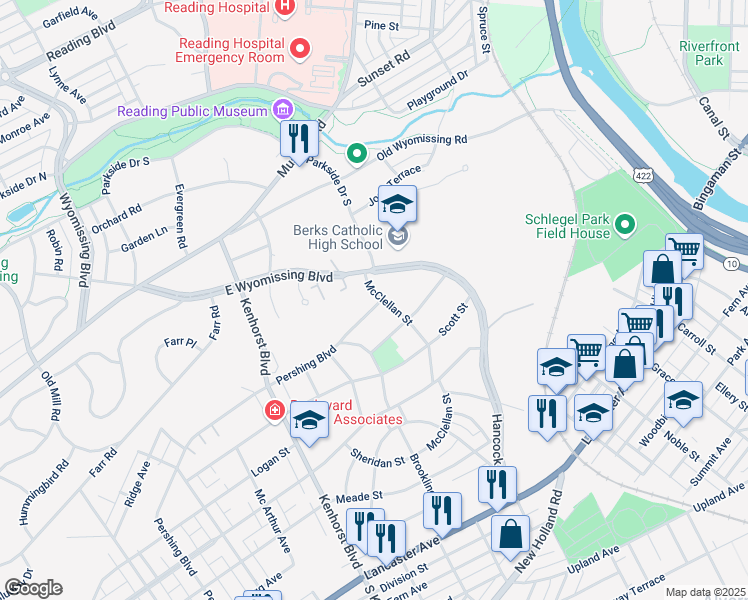 map of restaurants, bars, coffee shops, grocery stores, and more near 1001 Pershing Boulevard in Reading