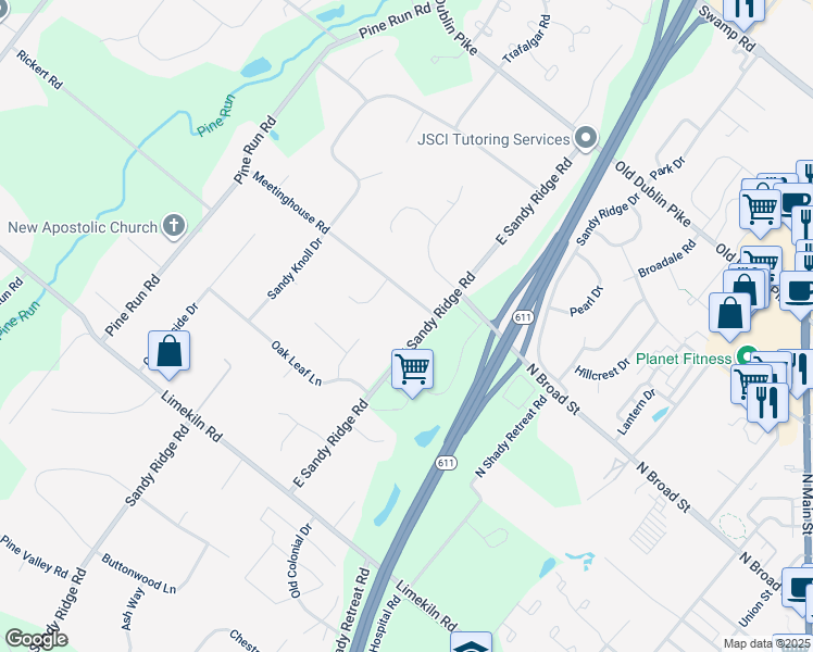 map of restaurants, bars, coffee shops, grocery stores, and more near 994 East Sandy Ridge Road in Doylestown