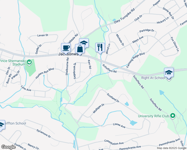 map of restaurants, bars, coffee shops, grocery stores, and more near 110 Kerr Road in Reading