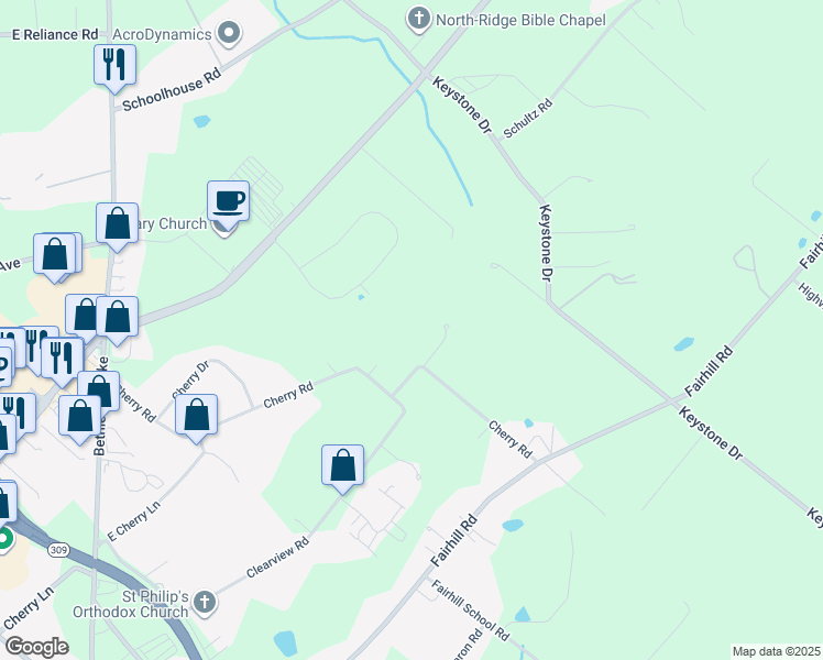 map of restaurants, bars, coffee shops, grocery stores, and more near 599 Cherry Road in Souderton