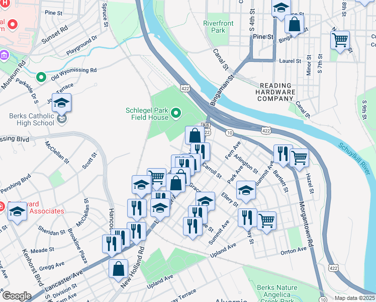 map of restaurants, bars, coffee shops, grocery stores, and more near 52 North Carroll Street in Reading