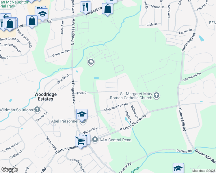 map of restaurants, bars, coffee shops, grocery stores, and more near 3832 Birchwood Circle in Harrisburg