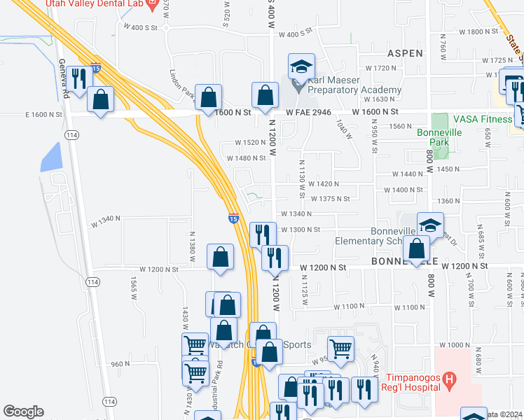 map of restaurants, bars, coffee shops, grocery stores, and more near 1334 North 1230 West in Orem