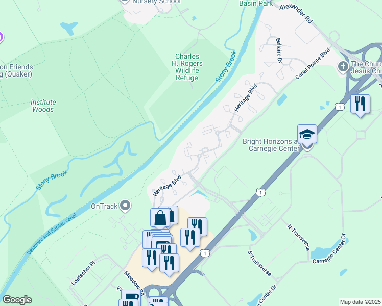 map of restaurants, bars, coffee shops, grocery stores, and more near 309 Trinity Court in Princeton