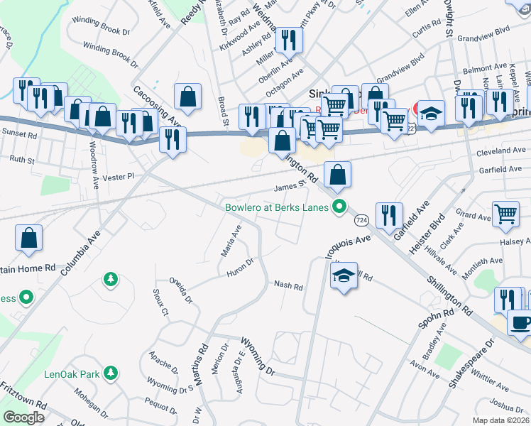 map of restaurants, bars, coffee shops, grocery stores, and more near 1601 James Street in Sinking Spring