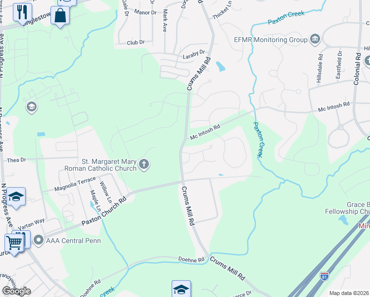 map of restaurants, bars, coffee shops, grocery stores, and more near 3900 Tim Tam Drive in Harrisburg