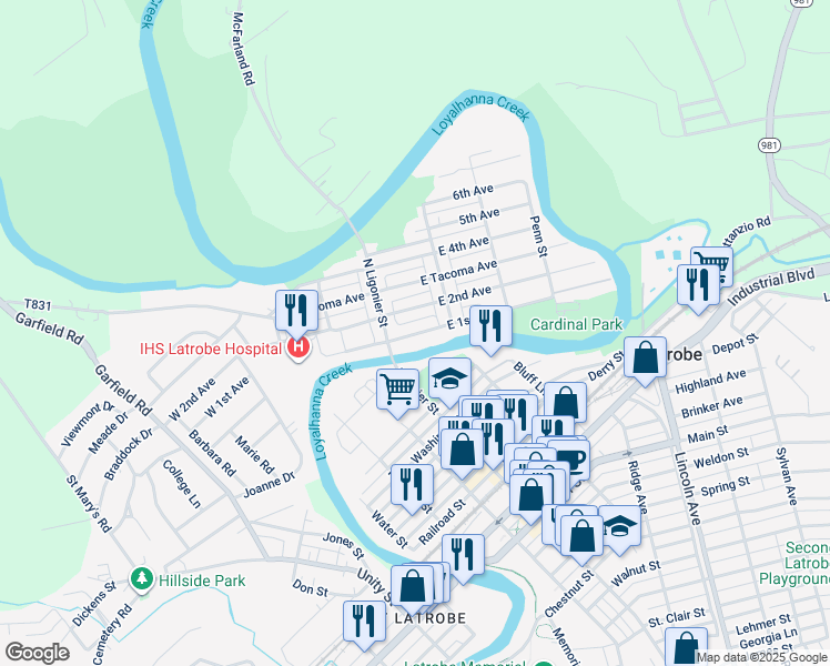 map of restaurants, bars, coffee shops, grocery stores, and more near 27 East 1st Avenue in Latrobe
