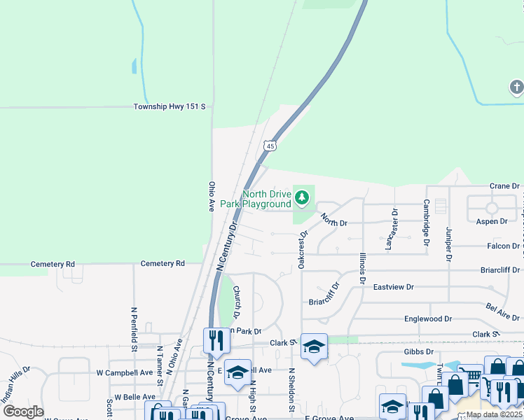 map of restaurants, bars, coffee shops, grocery stores, and more near 346 North Drive in Rantoul