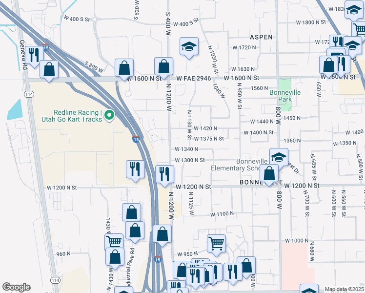 map of restaurants, bars, coffee shops, grocery stores, and more near 1154 West 1340 North in Orem