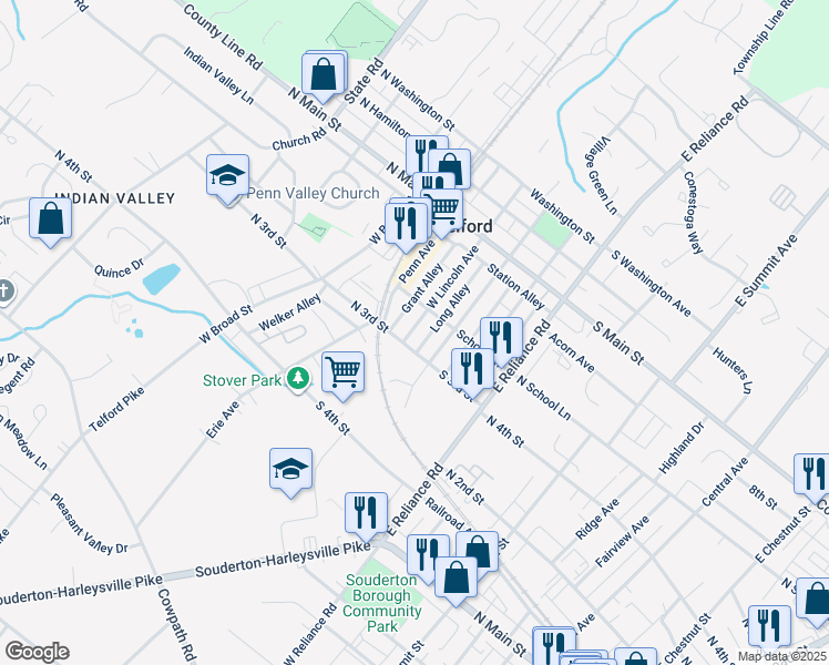 map of restaurants, bars, coffee shops, grocery stores, and more near 220 West Lincoln Avenue in Telford