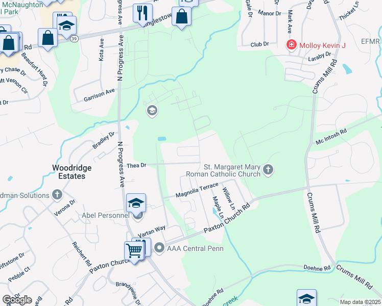 map of restaurants, bars, coffee shops, grocery stores, and more near 3816 Birchwood Circle in Harrisburg