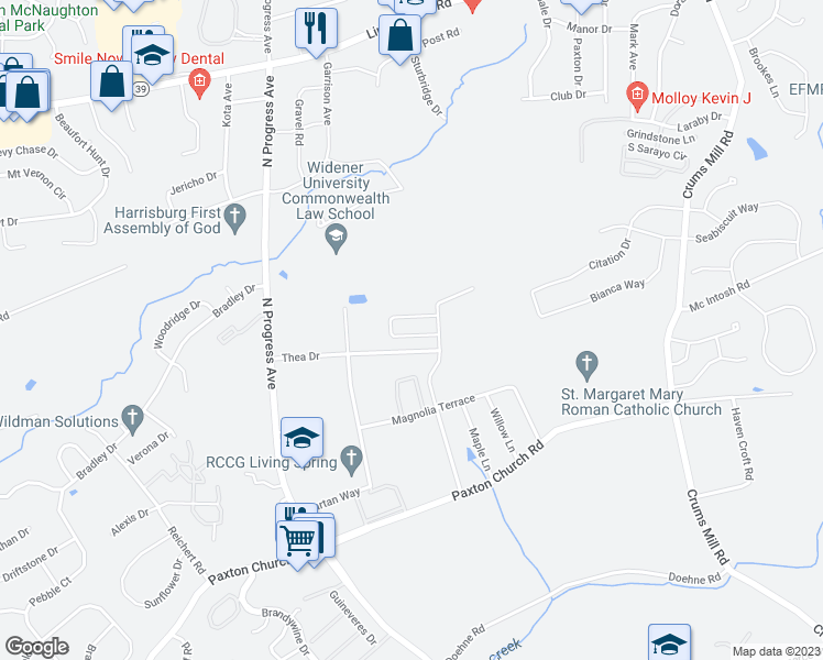 map of restaurants, bars, coffee shops, grocery stores, and more near 3824 Birchwood Circle in Harrisburg