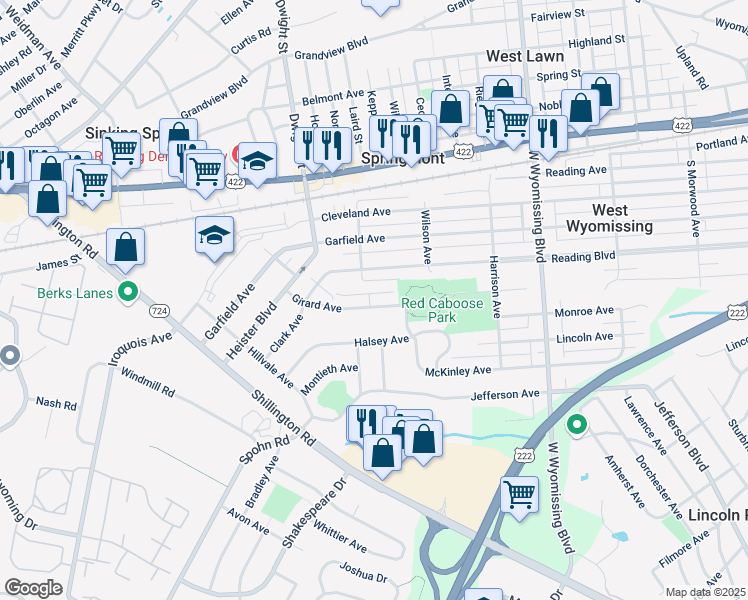 map of restaurants, bars, coffee shops, grocery stores, and more near 2527 Girard Avenue in West Lawn