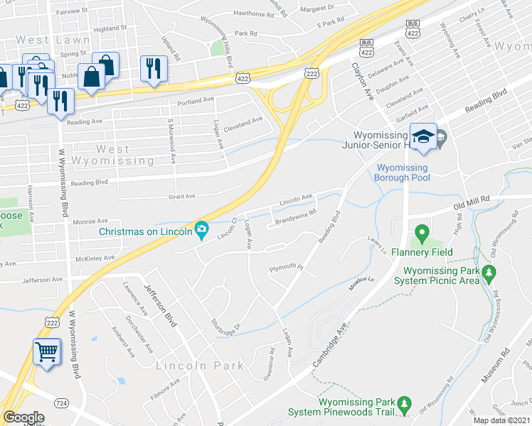 map of restaurants, bars, coffee shops, grocery stores, and more near 1946 Lincoln Ave in Wyomissing