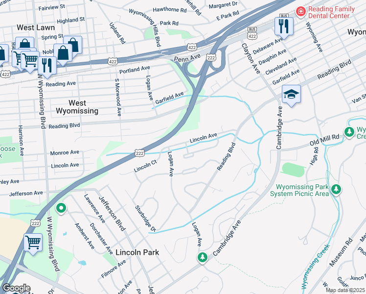map of restaurants, bars, coffee shops, grocery stores, and more near 1946 Lincoln Ave in Wyomissing