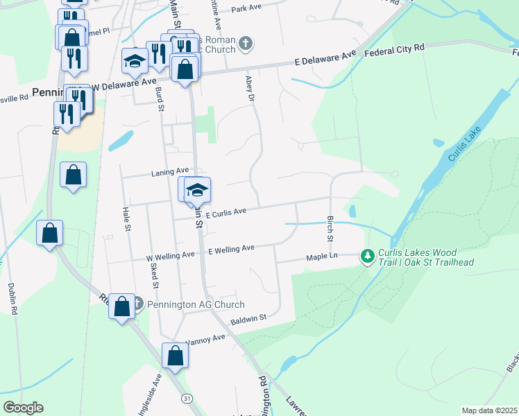 map of restaurants, bars, coffee shops, grocery stores, and more near Curlis Avenue in Pennington