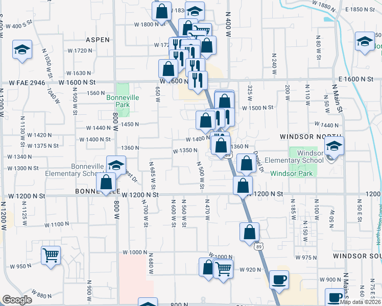 map of restaurants, bars, coffee shops, grocery stores, and more near 531 West 1350 North in Orem