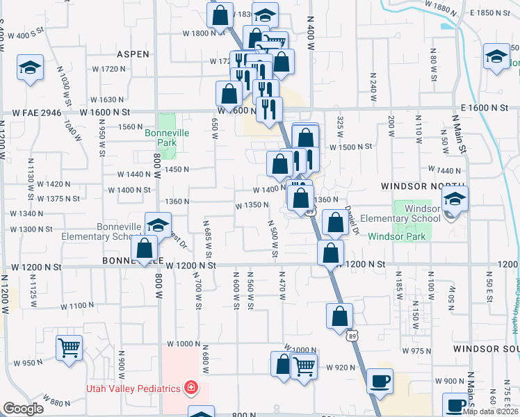 map of restaurants, bars, coffee shops, grocery stores, and more near 531 West 1350 North in Orem