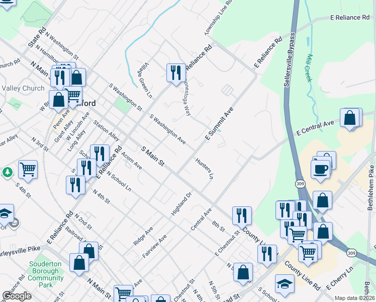map of restaurants, bars, coffee shops, grocery stores, and more near 11 East Summit Avenue in Telford