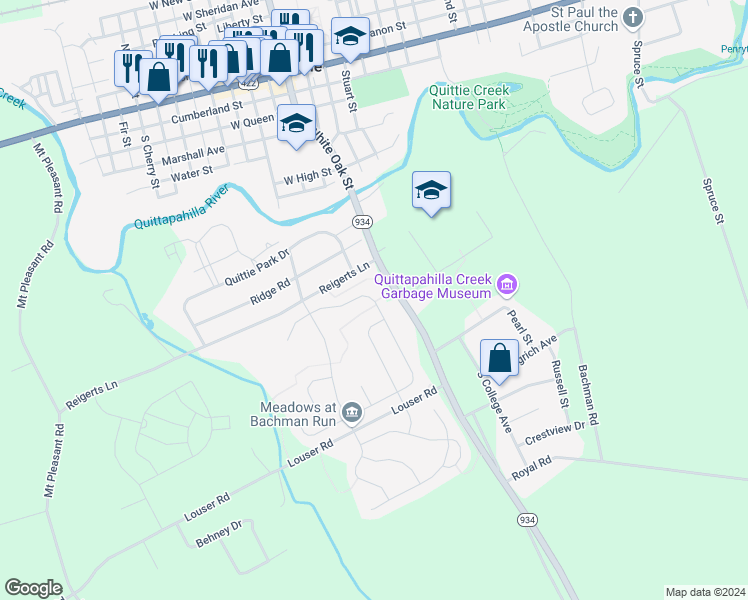 map of restaurants, bars, coffee shops, grocery stores, and more near 600 Fieldstone Drive in Annville