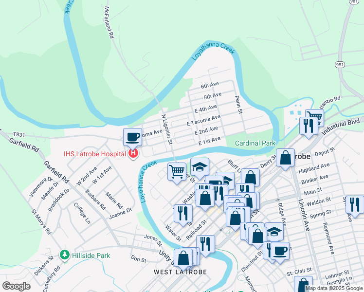 map of restaurants, bars, coffee shops, grocery stores, and more near 27 East 1st Avenue in Latrobe