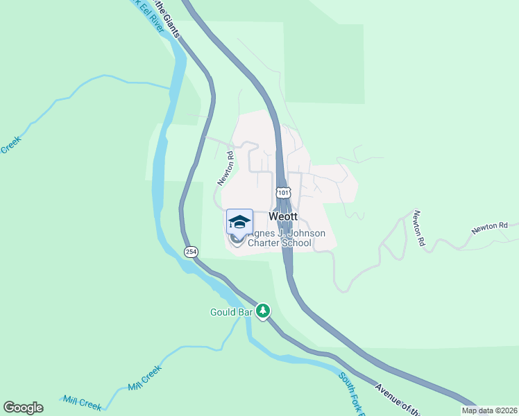 map of restaurants, bars, coffee shops, grocery stores, and more near 110 Weott Heights Road in Weott