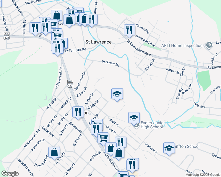 map of restaurants, bars, coffee shops, grocery stores, and more near 210 East 37th Street in Reading