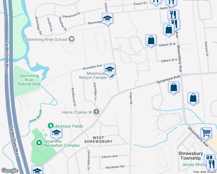 map of restaurants, bars, coffee shops, grocery stores, and more near 9 Linda Lane in Tinton Falls