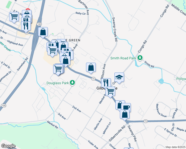 map of restaurants, bars, coffee shops, grocery stores, and more near 1259 East Philadelphia Avenue in Gilbertsville