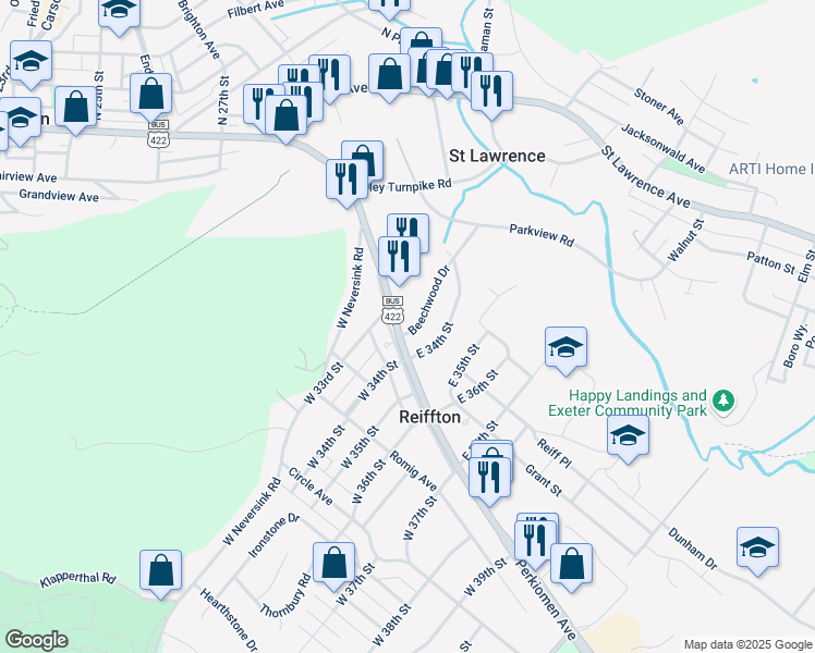map of restaurants, bars, coffee shops, grocery stores, and more near 3306 Perkiomen Avenue in Reading