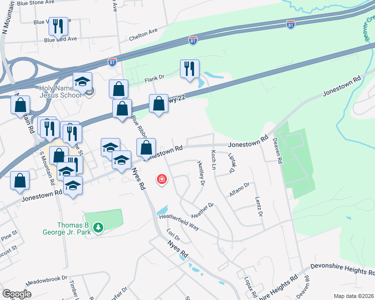 map of restaurants, bars, coffee shops, grocery stores, and more near 116 Huntley Drive in Harrisburg
