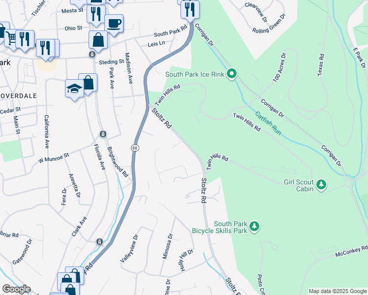 map of restaurants, bars, coffee shops, grocery stores, and more near 1312 Stoltz Road in Bethel Park