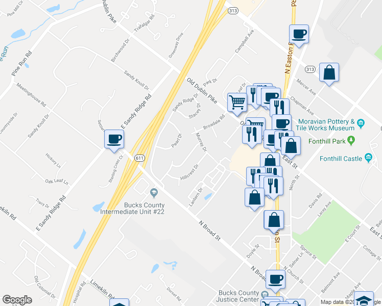map of restaurants, bars, coffee shops, grocery stores, and more near 37 Crestland Terrace in Doylestown