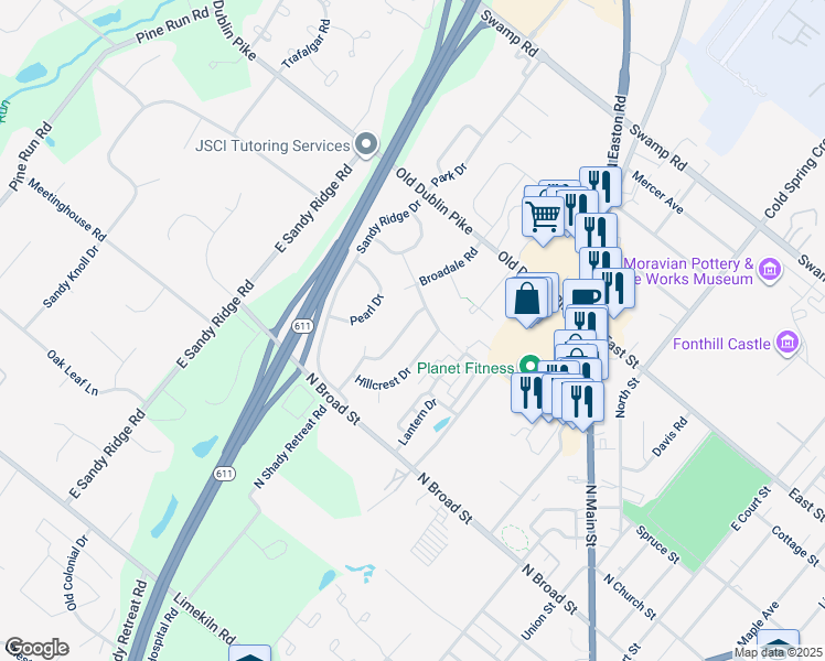 map of restaurants, bars, coffee shops, grocery stores, and more near 33 Crestland Terrace in Doylestown