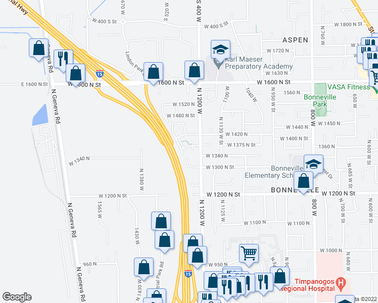 map of restaurants, bars, coffee shops, grocery stores, and more near 1334 North 1230 West in Orem